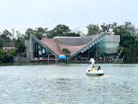 a white swan is floating in the water near a building